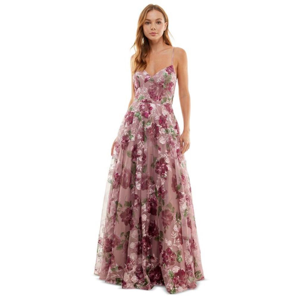 Say Yes To The Prom Junior's Embroidered Floral Lace Up Gown Purple Size 7